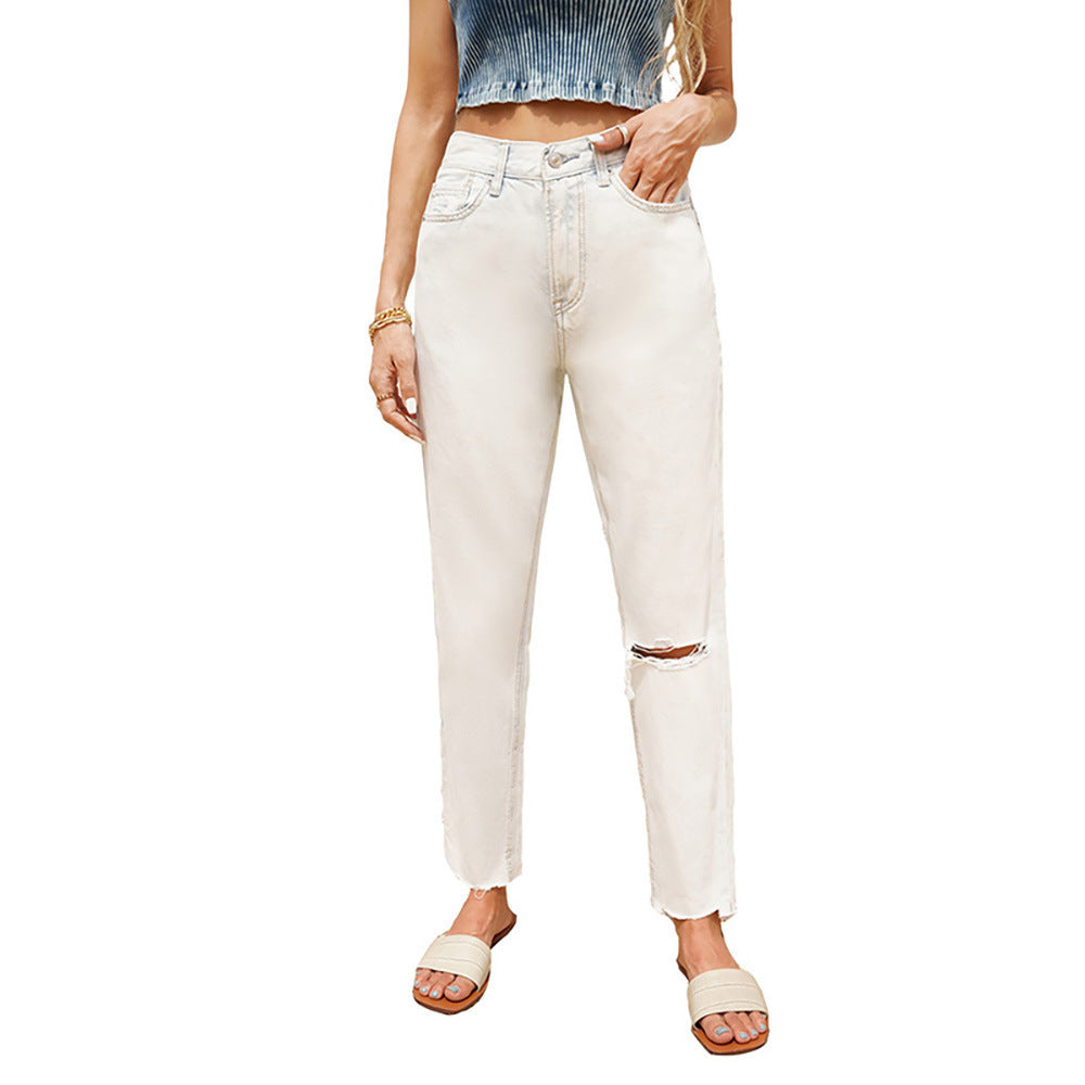 Fashion Sexy Ripped Raw Edge High Waist Ladies Cropped Jeans