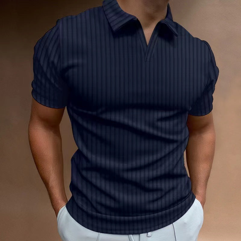 Summer Polo Shirt V-neck Striped High Elastic Short Sleeve Men's T-shirt
