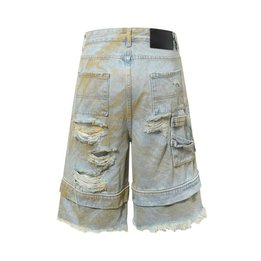 Printed Loose Denim Cropped Pants Men's Casual Wide Leg Shorts
