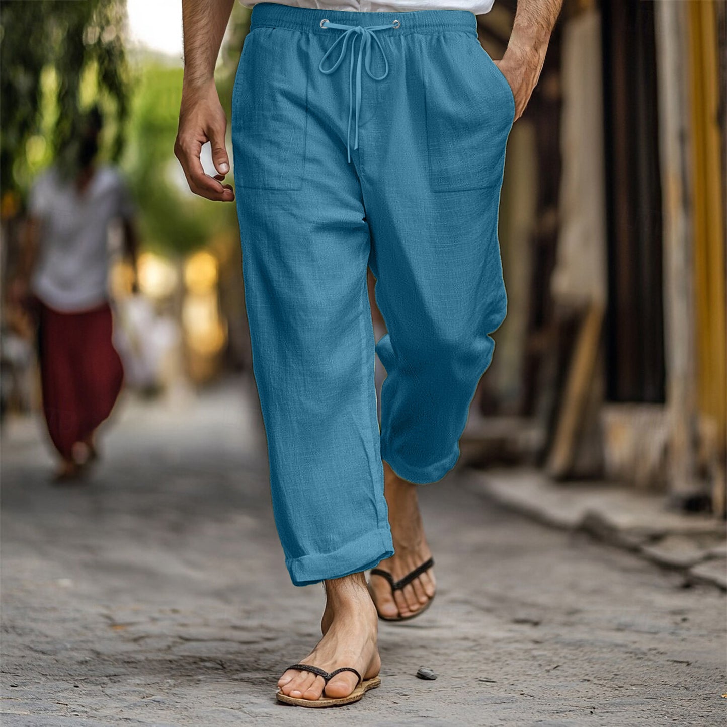 Men's Casual Summer Elastic Waist Drawstring Multi-pocket Cotton And Linen Trousers