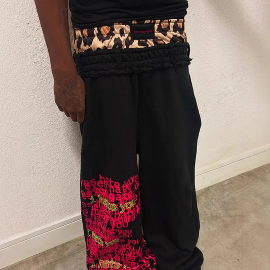 Hip Hop Contrast Color Double Pants Letter Floral Print Casual