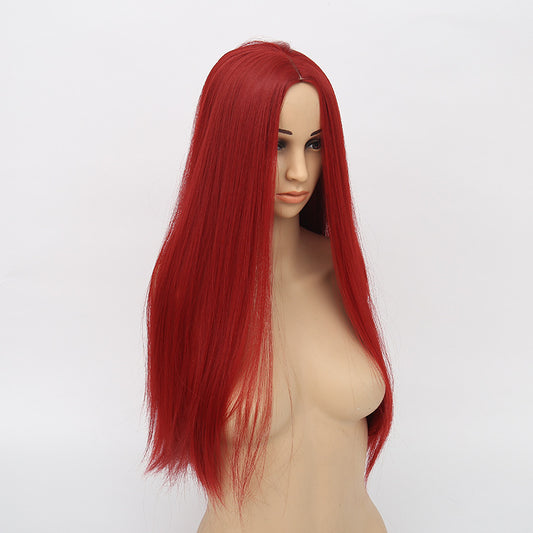 Wig Female Middle Point Wine Red Long Straight Hair Hood Chemical Fiber Hair
