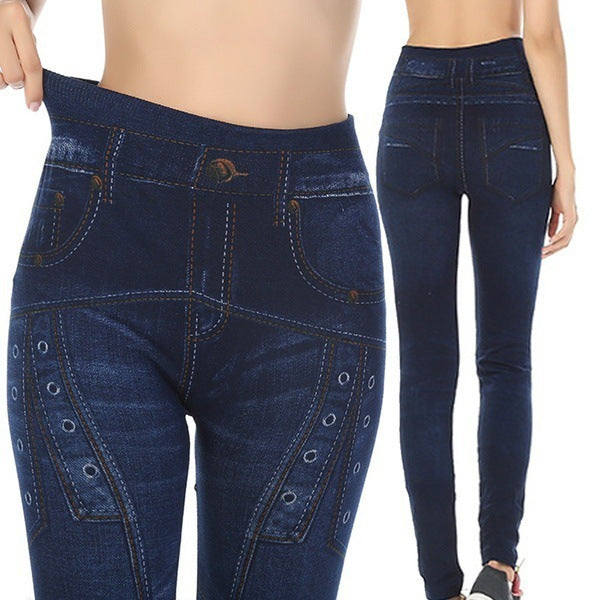 Denim Printing Leggings Seamless Buttonhole Sports Pants