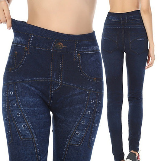 Denim Printing Leggings Seamless Buttonhole Sports Pants