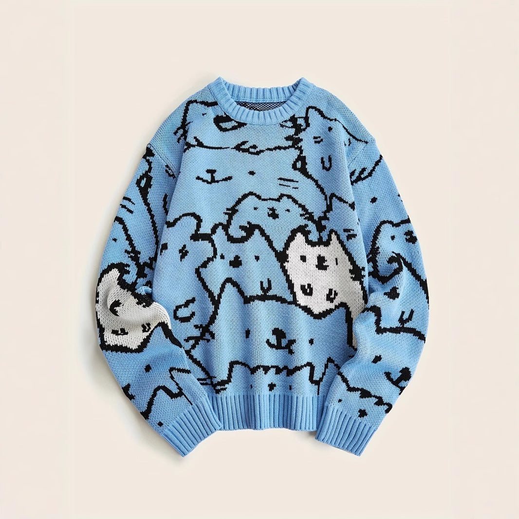 Cat Contrast Color Loose-fitting Casual Round-neck Knitted Sweater