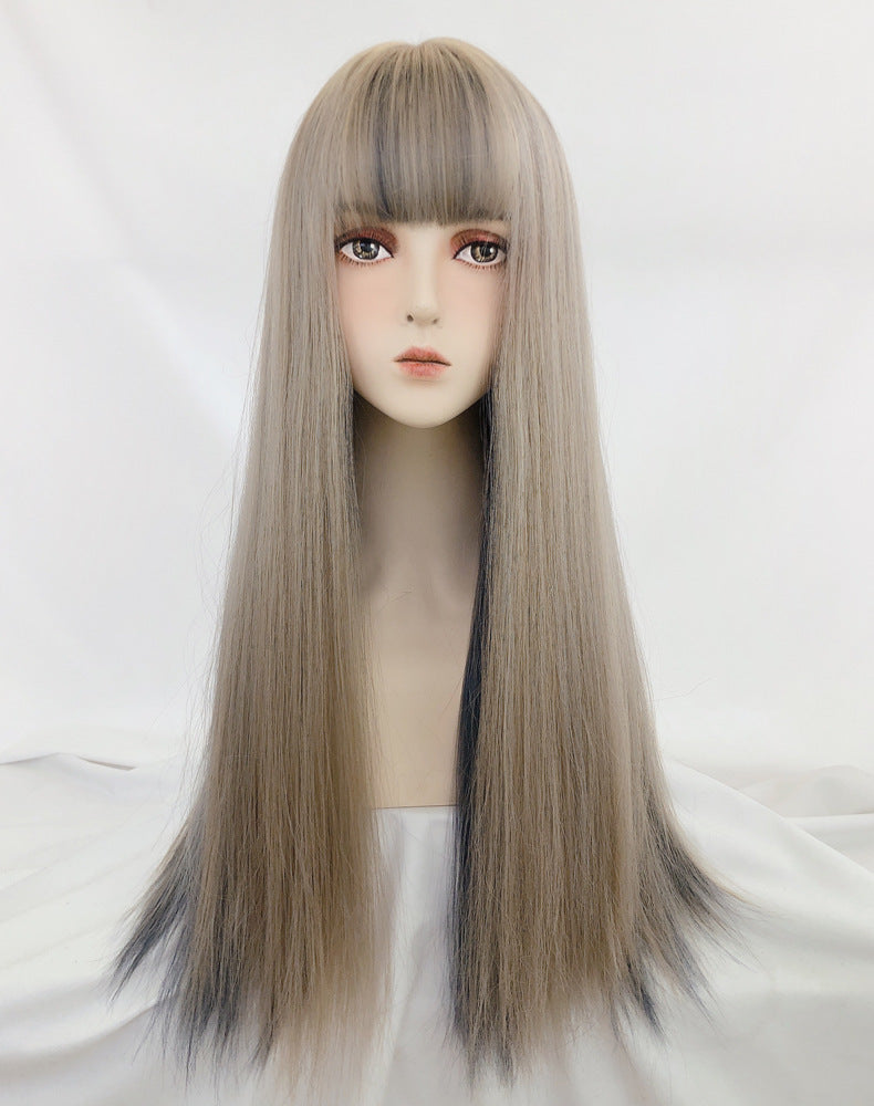 Linen Gold Haze Blue Wig Gradient Color Long Hair Headgear