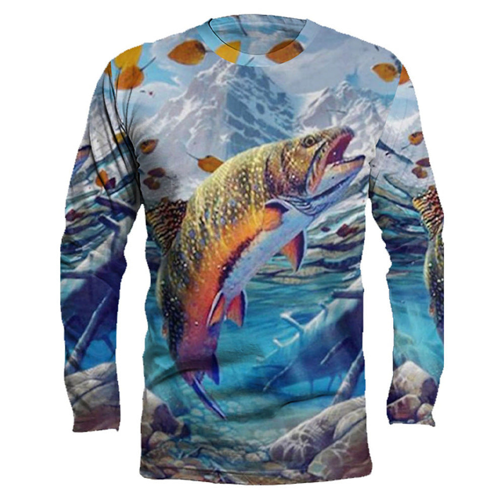 Men's Round Neck Pullover Fish Printed Long-sleeved Top