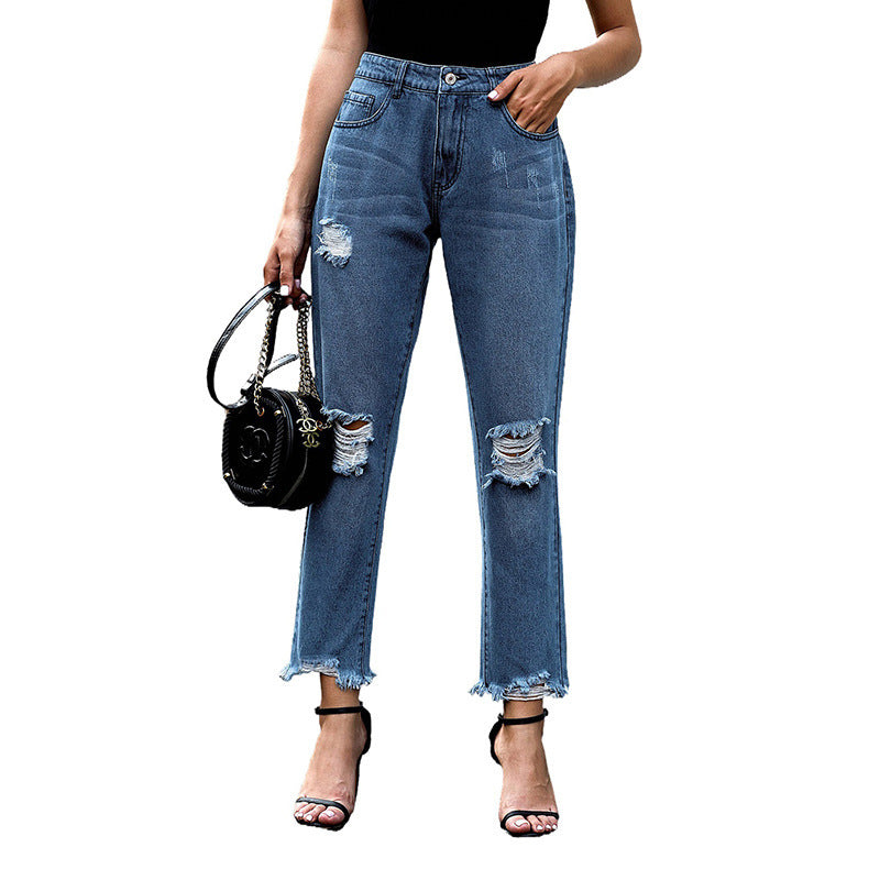Fashion Sexy Ripped Raw Edge High Waist Ladies Cropped Jeans