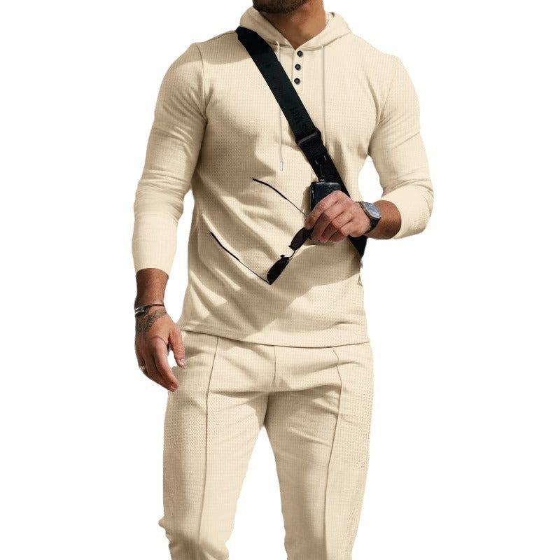 Waffle European And American Hooded Solid Color Long Sleeve Trousers Suit