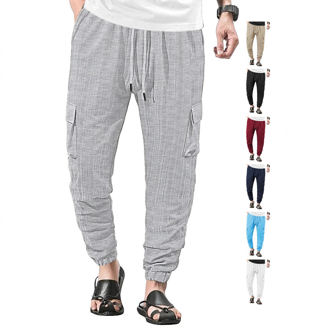 Loose Breathable Micro Elastic Lace-up Imitation Linen Plaid Men's Casual Pants Overalls