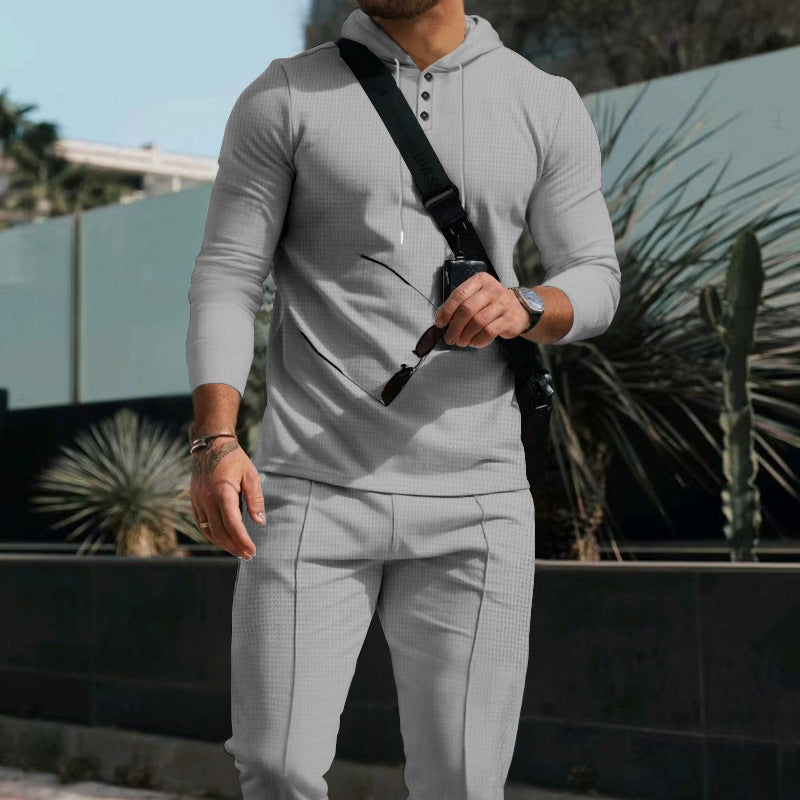 Waffle European And American Hooded Solid Color Long Sleeve Trousers Suit
