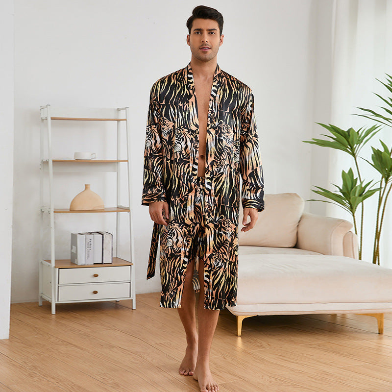 Men's Robes Fashion Ice Silk Bathrobe Homewear Set Pajamas