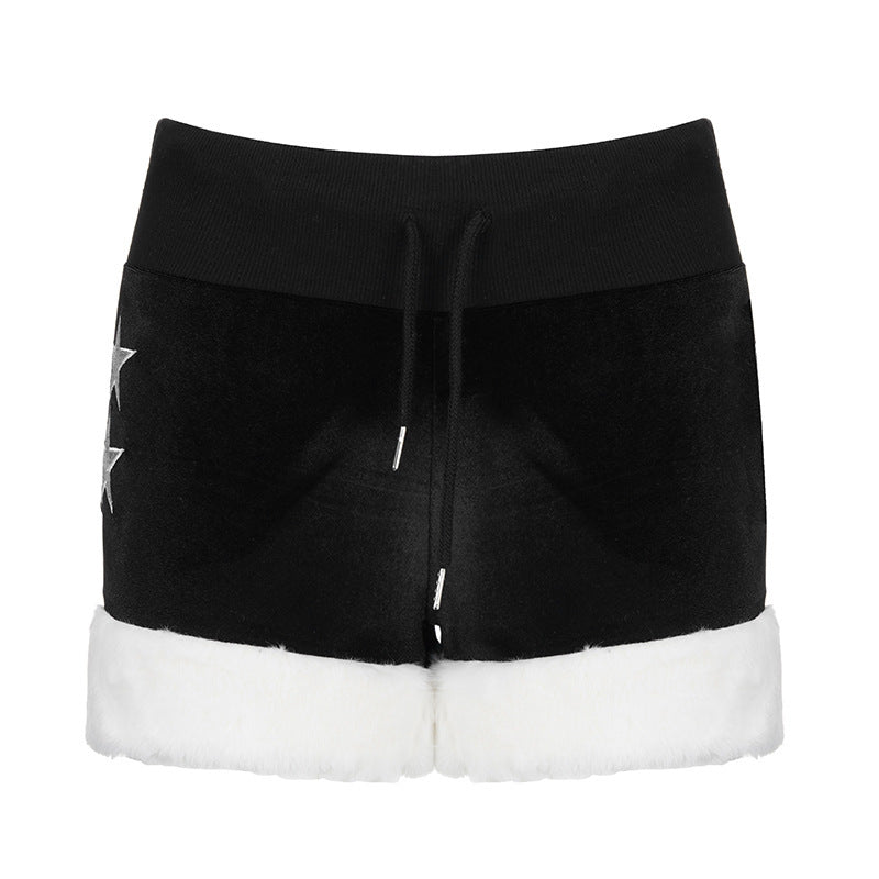 Plush Panel Slim Tie Star Printed Velvet Shorts