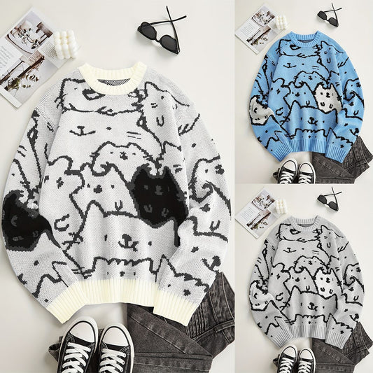 Cat Contrast Color Loose-fitting Casual Round-neck Knitted Sweater