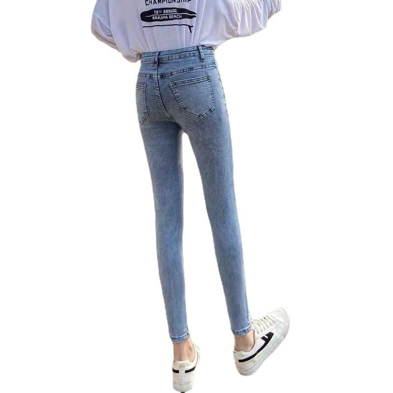 Light-colored Jeans Women's High-waisted Slim-fitting Stretchy Tight-fitting Feet Nine-point Pencil