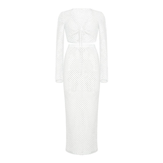 Lace Mesh Long Sleeve Narrow Casual Knitted Maxi Dress Suit