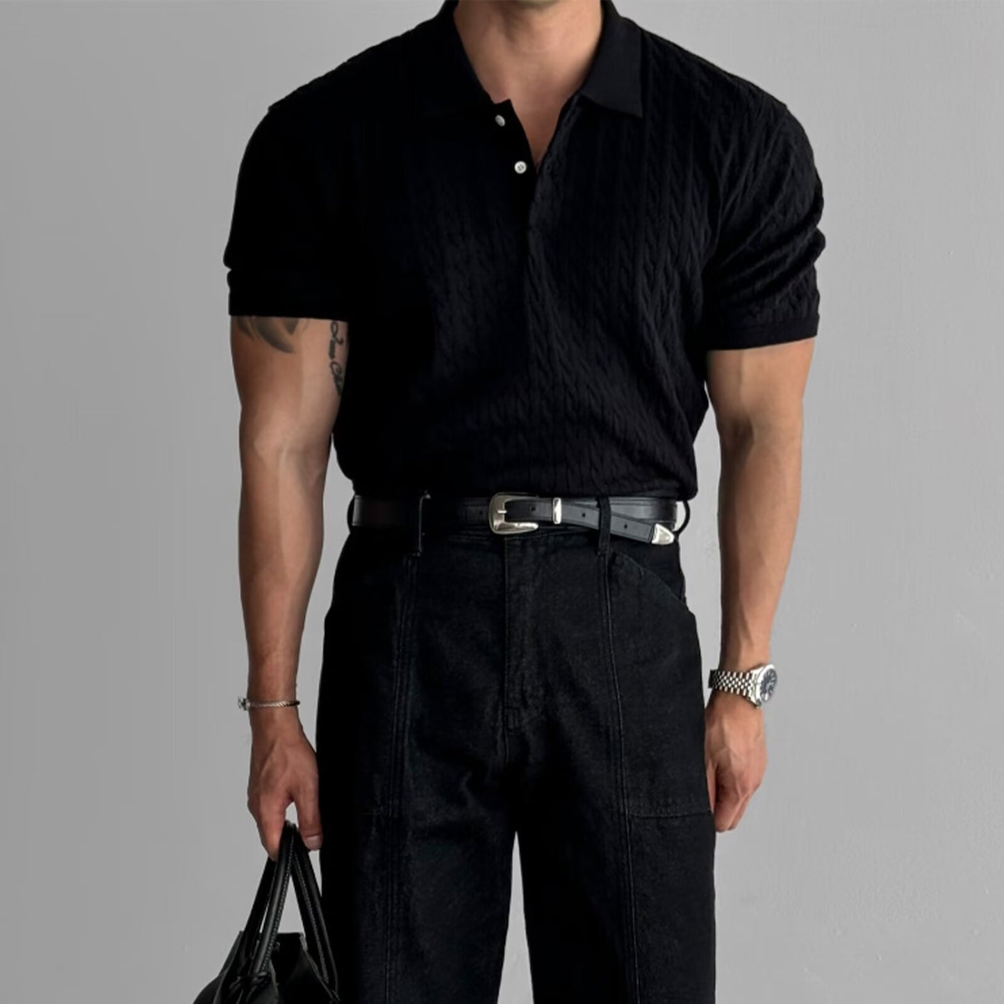 American Retro Hemp Pattern Lapel Men's T-shirt
