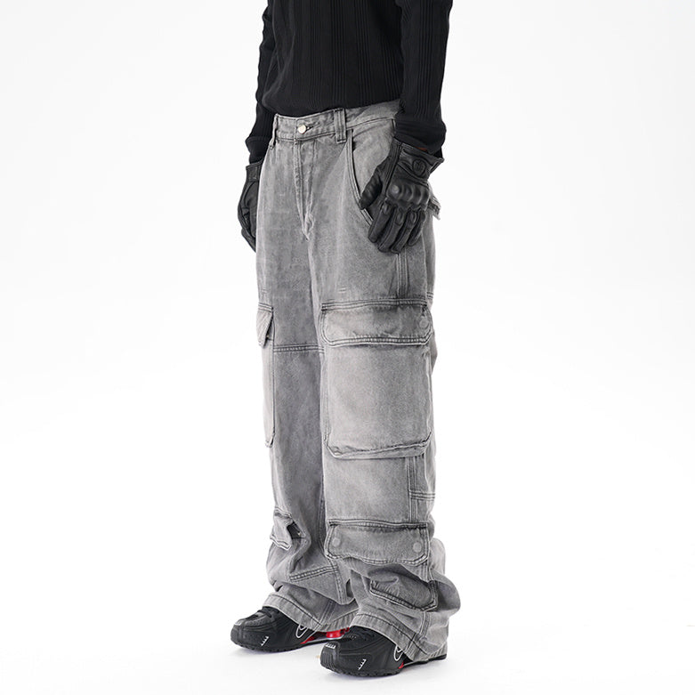 Distressed Multi-pocket Casual Loose Straight-leg Denim Overalls