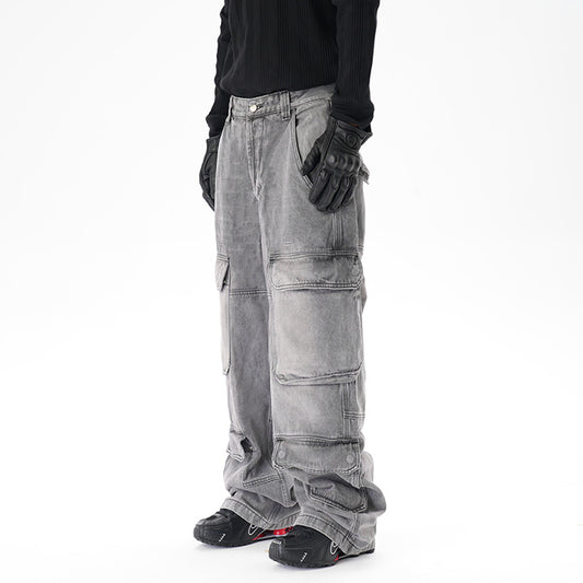 Distressed Multi-pocket Casual Loose Straight-leg Denim Overalls