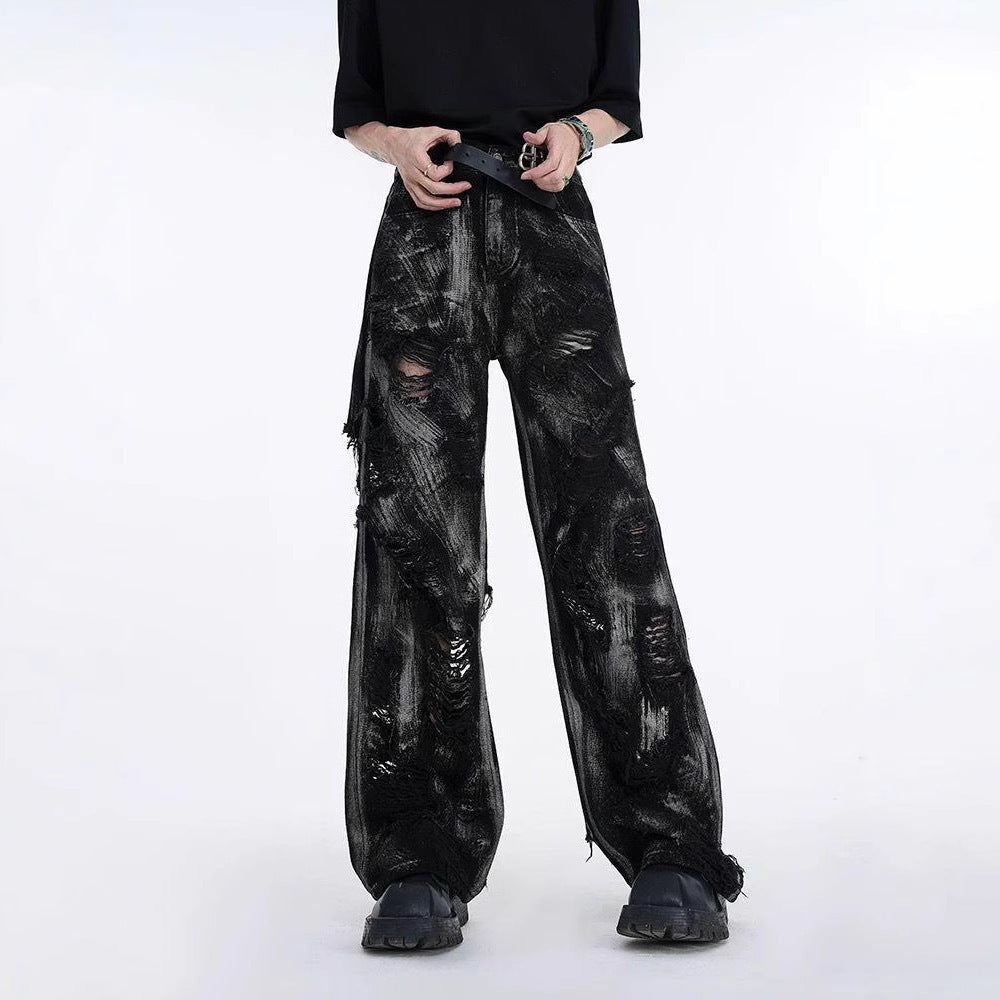 American Style High Street Wasteland Style Heavyweight Washed Graffiti Men's Long Pants Jacket