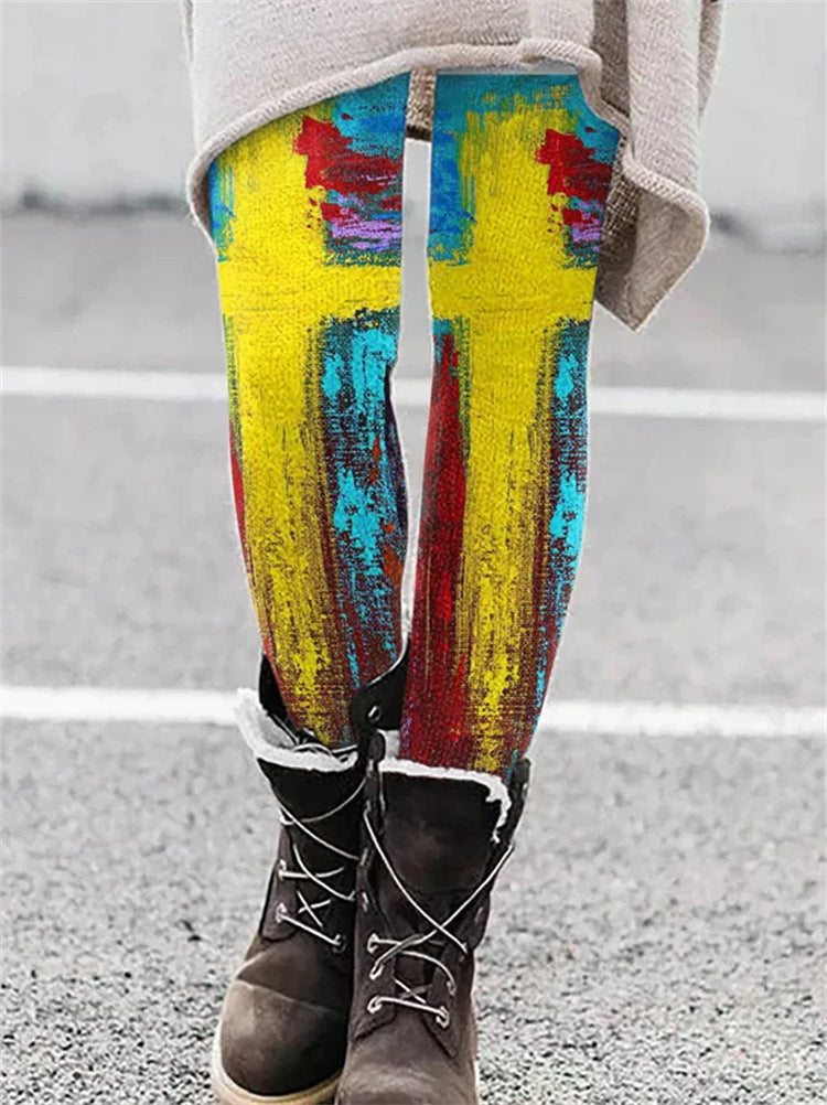 European And American National Style Printed Slim Fit Stretch All-matching Bottoming Trousers
