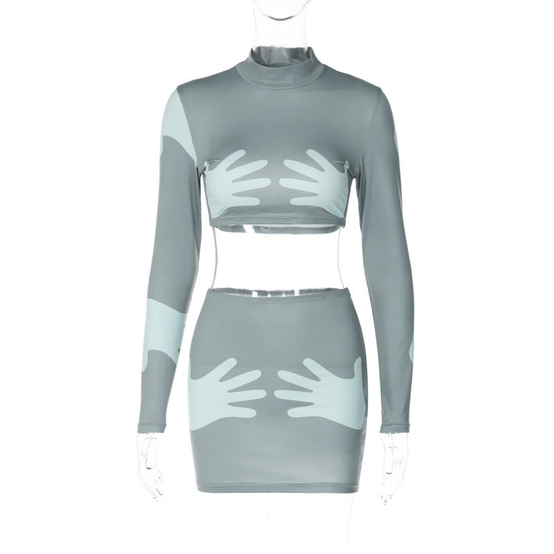 Fashion Print Crop Long Sleeve Top Slim Short Style Skirt Suit