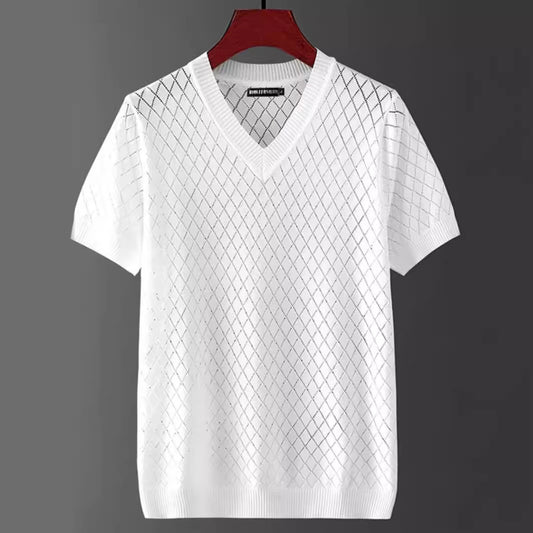 Men's Ice Silk Cut-out V-neck T-shirt Top Summer Plus Size Short Sleeve