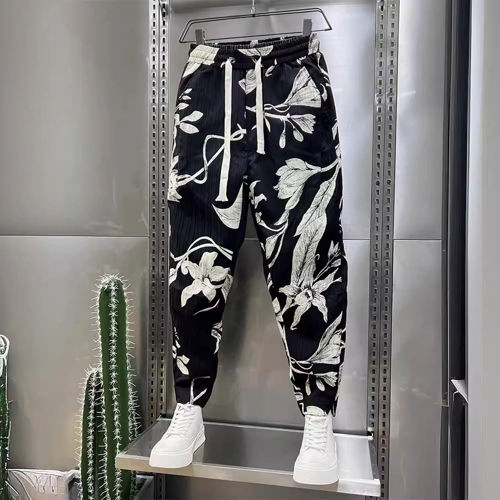Men's Ice Silk Printed Cotton And Linen Casual Pants