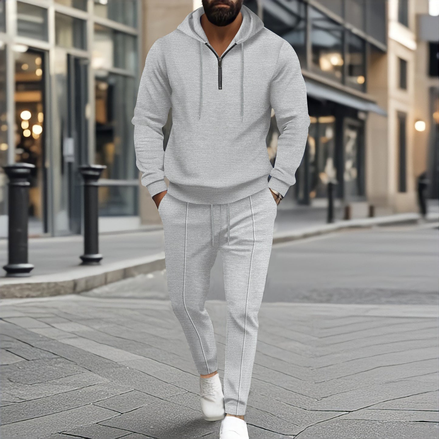 Waffle Hooded Small Zipper Casual Long Sleeve Pants Two-piece Suit