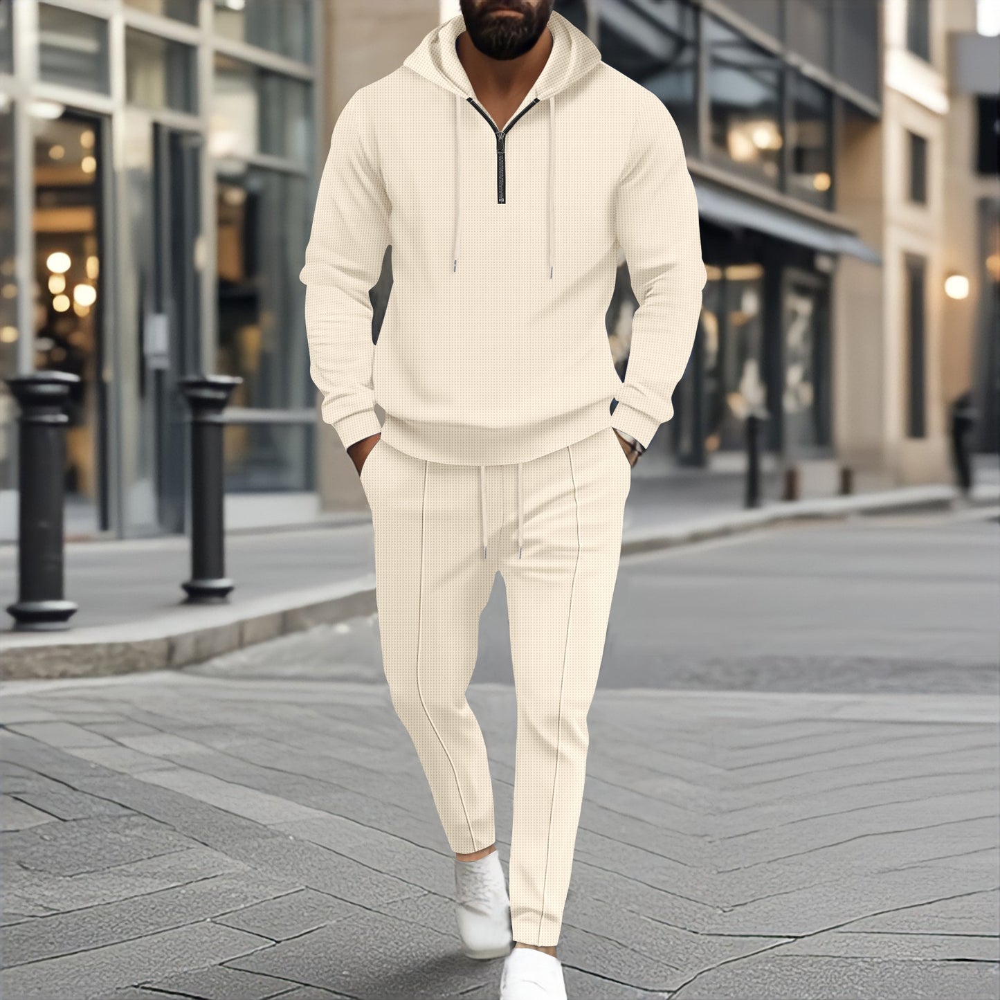 Waffle Hooded Small Zipper Casual Long Sleeve Pants Two-piece Suit