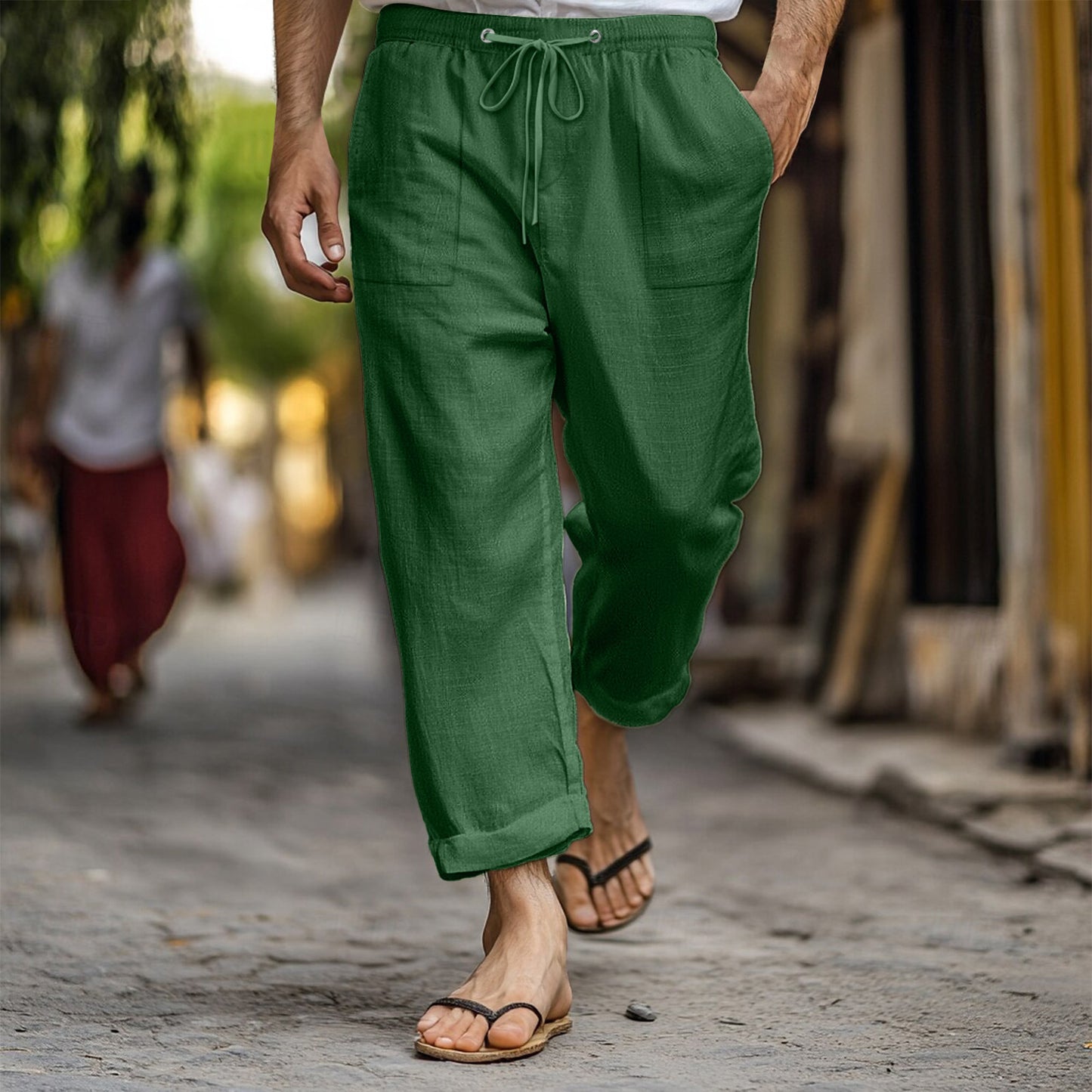 Men's Casual Summer Elastic Waist Drawstring Multi-pocket Cotton And Linen Trousers