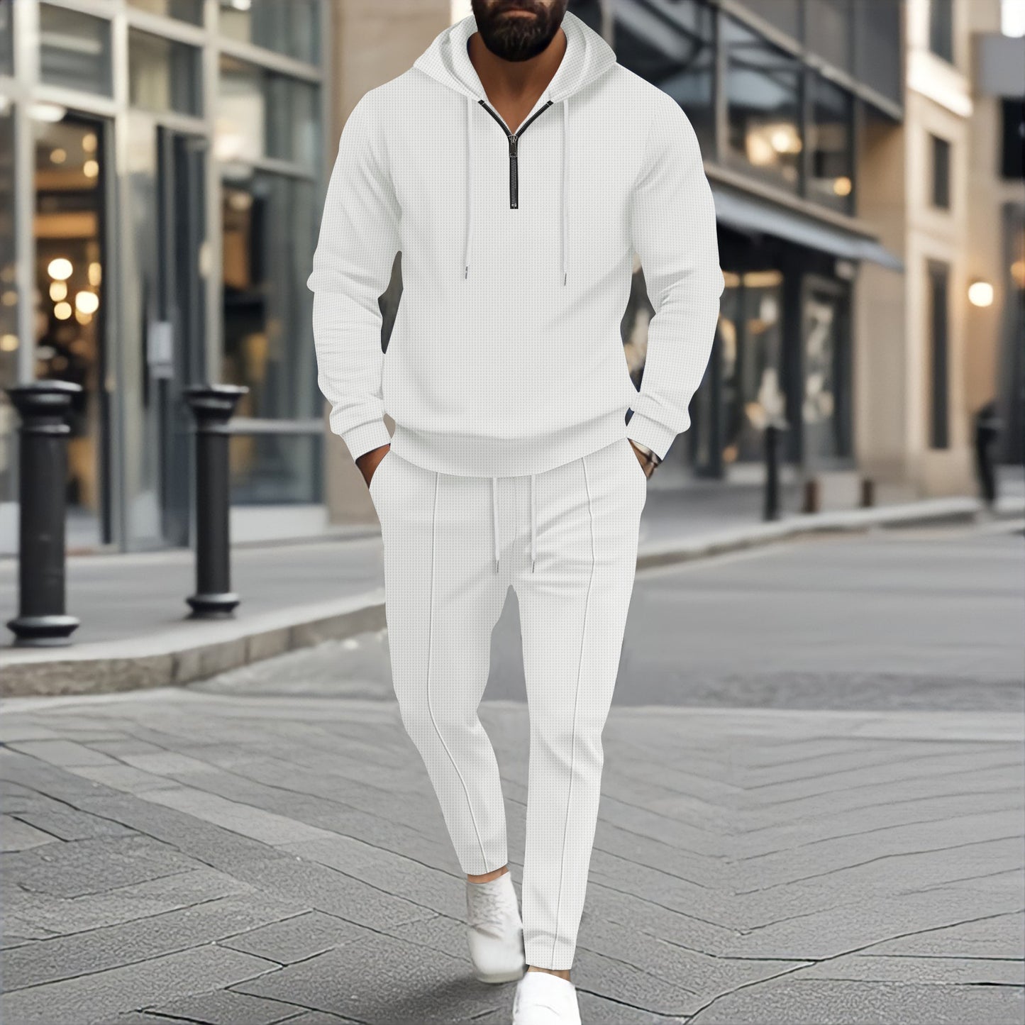 Waffle Hooded Small Zipper Casual Long Sleeve Pants Two-piece Suit
