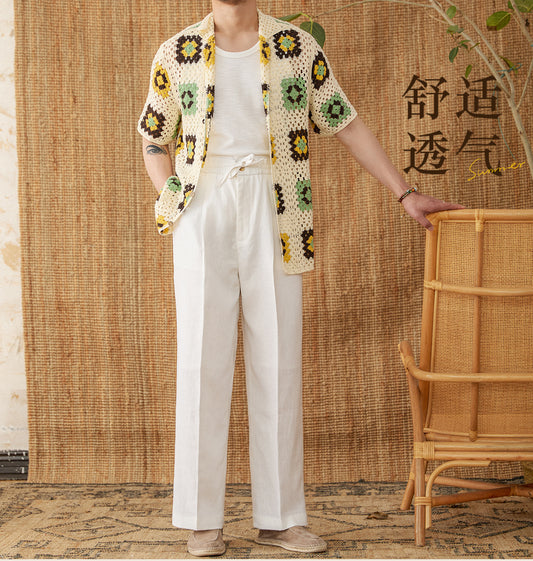 Linen Loose High Waist Lace Trousers With An Elasticated Waist Casual Pants