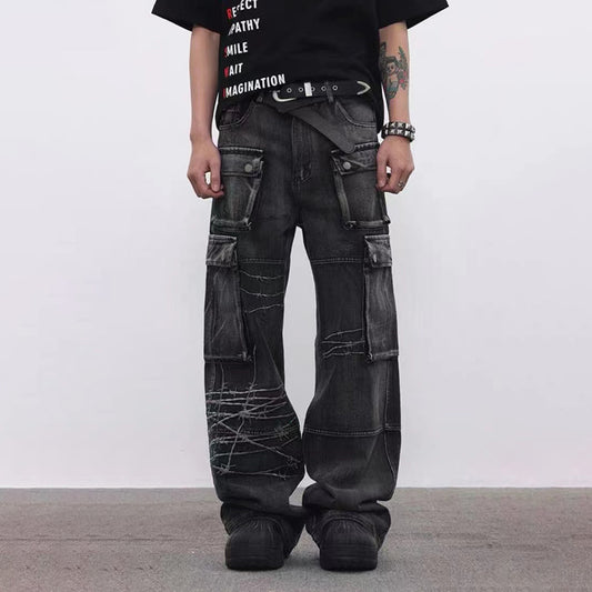 Men's Embroidery Loose-fitting Wide-leg Trousers
