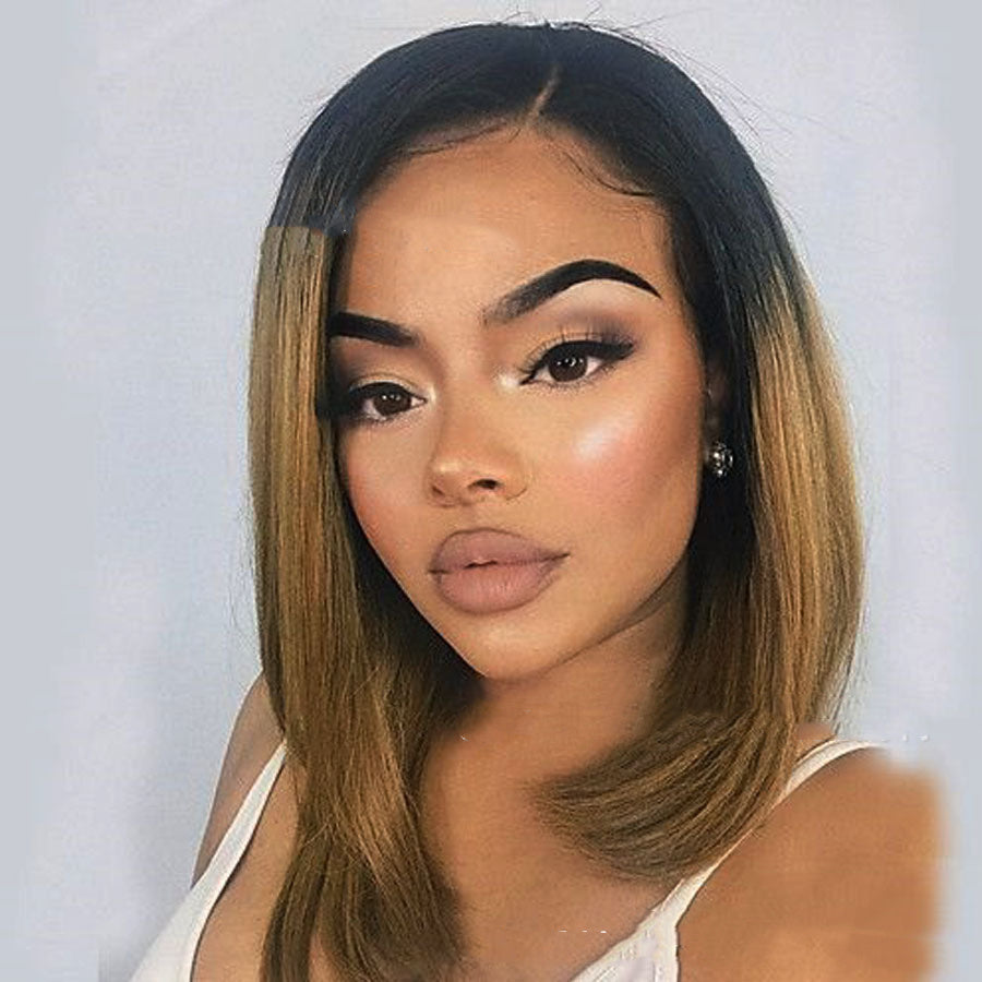Side Parted Blonde Overhead Dyed Black Short Straight Hair Rose Mesh