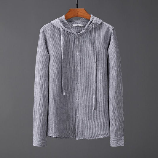 Hooded Tether Thin Loose Long Linen Sleeves Men's Shirt