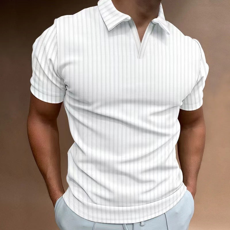 Summer Polo Shirt V-neck Striped High Elastic Short Sleeve Men's T-shirt