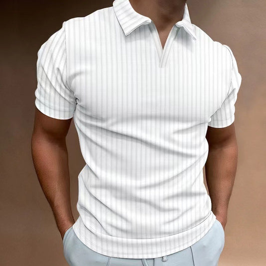 Summer Polo Shirt V-neck Striped High Elastic Short Sleeve Men's T-shirt