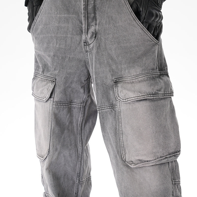 Distressed Multi-pocket Casual Loose Straight-leg Denim Overalls