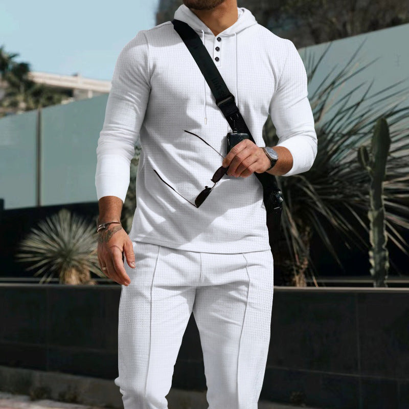 Waffle European And American Hooded Solid Color Long Sleeve Trousers Suit
