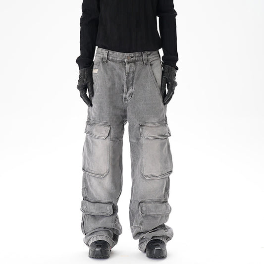 Distressed Multi-pocket Casual Loose Straight-leg Denim Overalls