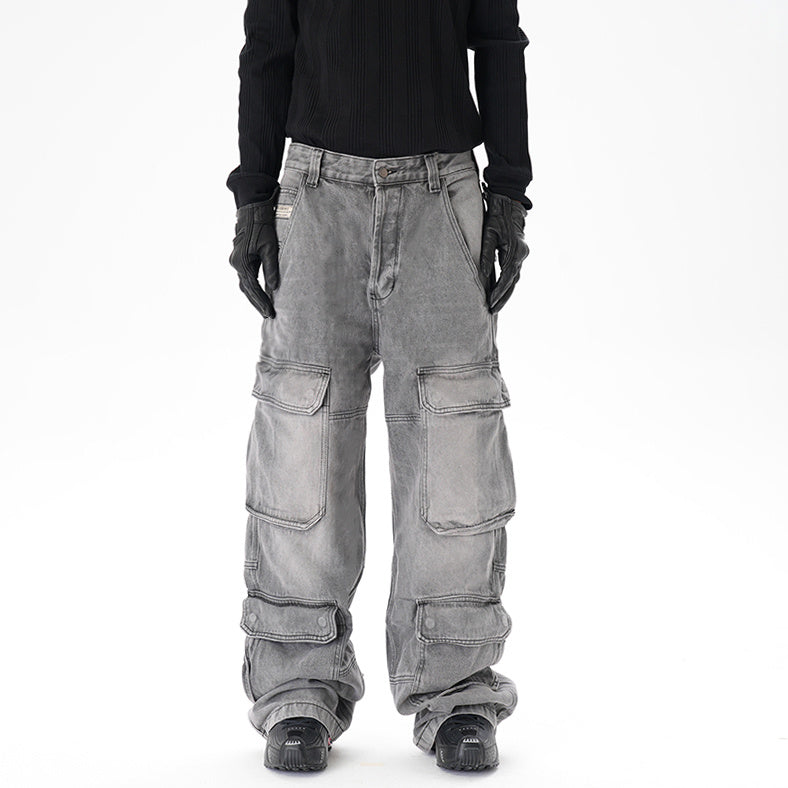 Distressed Multi-pocket Casual Loose Straight-leg Denim Overalls