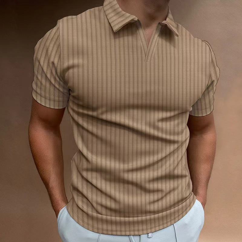 Summer Polo Shirt V-neck Striped High Elastic Short Sleeve Men's T-shirt