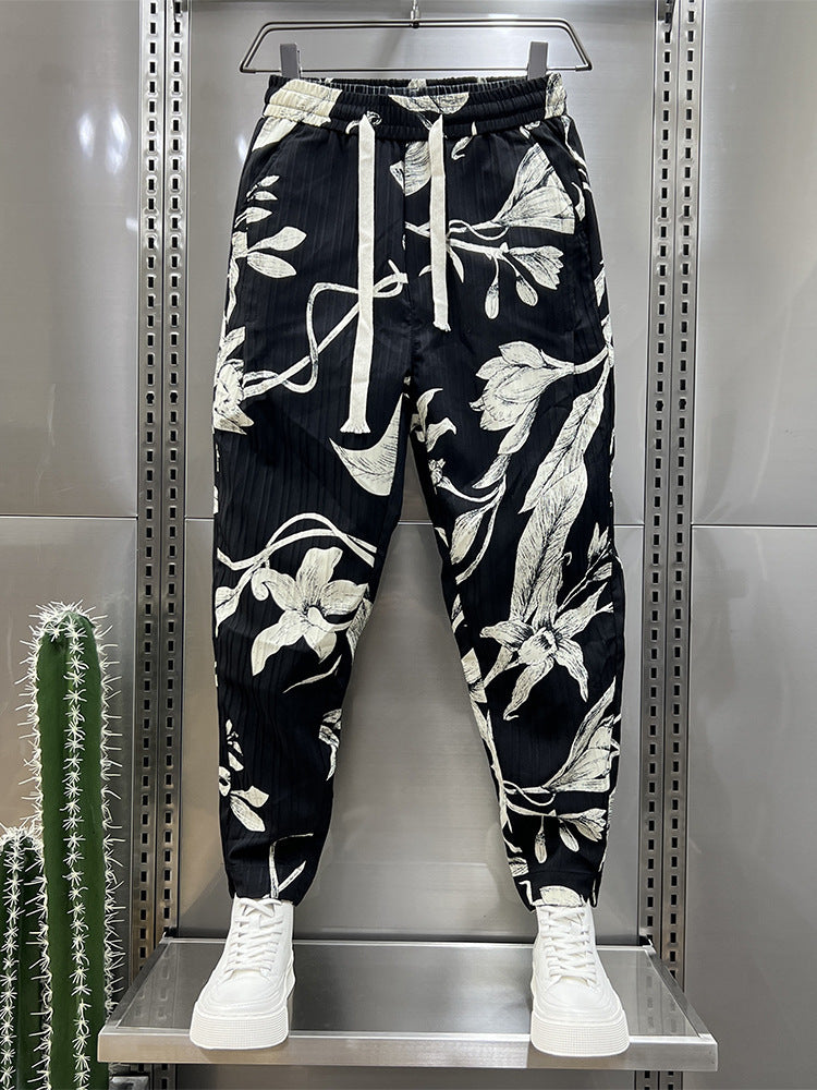 Men's Ice Silk Printed Cotton And Linen Casual Pants