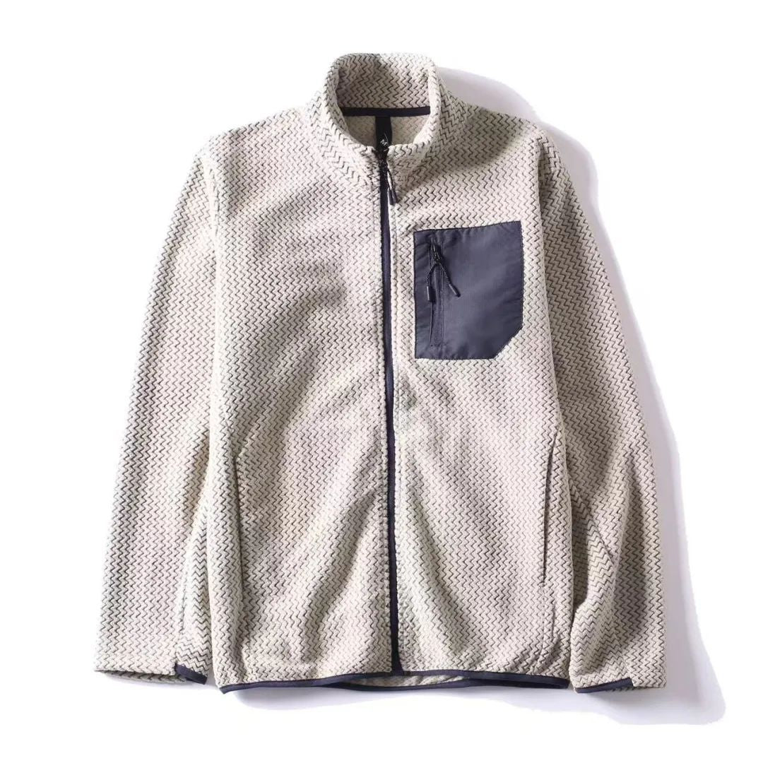 Fleece Stand Collar Cardigan Sweater Fashion Wave Pattern Jacket Coat