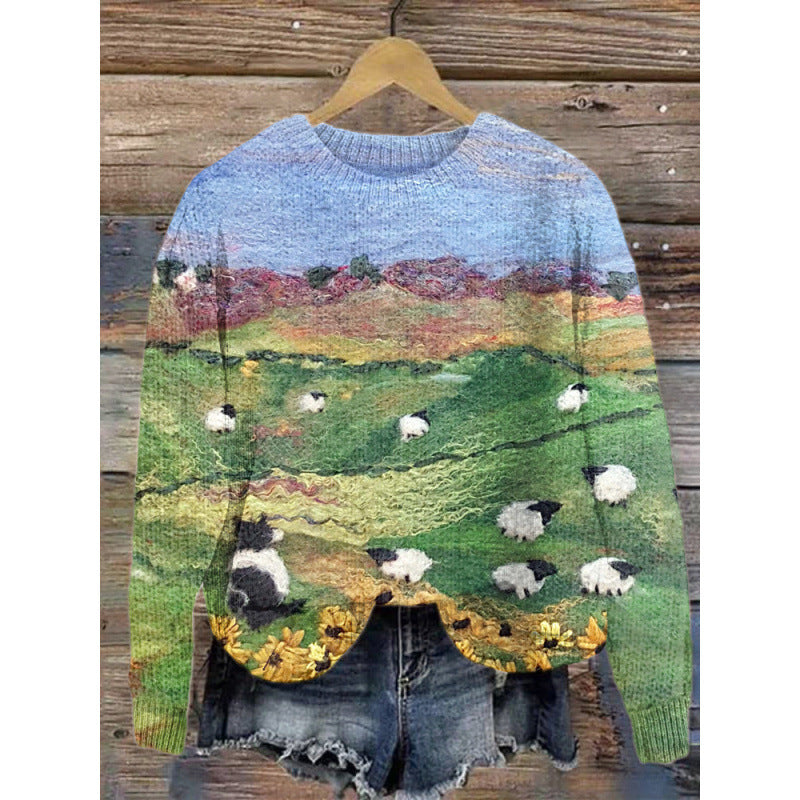 Little Flower Digital Printed Round Neck Sweater