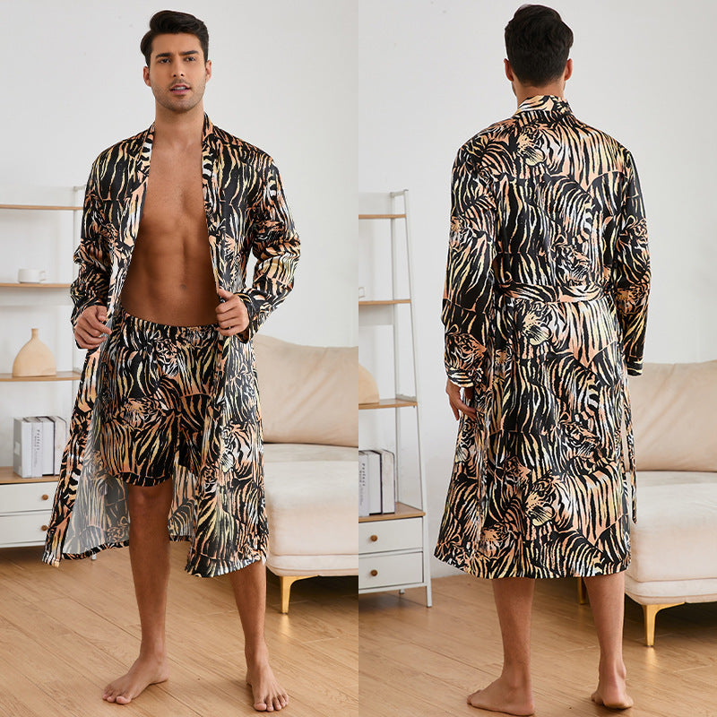 Men's Robes Fashion Ice Silk Bathrobe Homewear Set Pajamas