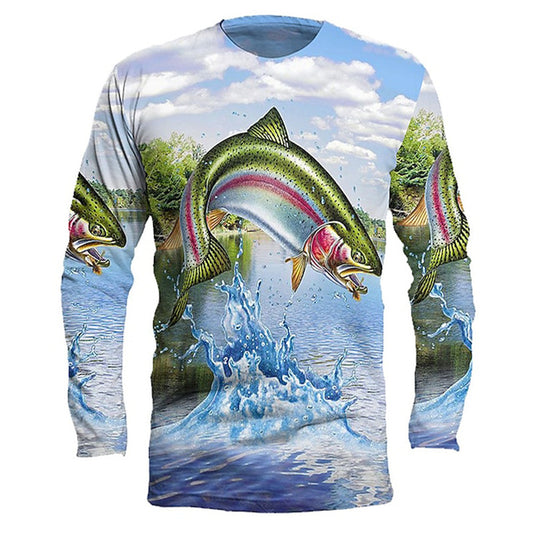 Men's Round Neck Pullover Fish Printed Long-sleeved Top