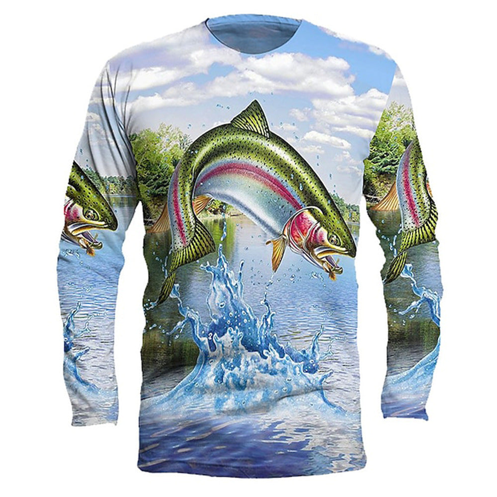 Men's Round Neck Pullover Fish Printed Long-sleeved Top