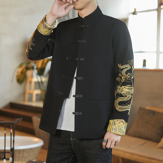 Chinese Style Men's Fashion Wear Jacket Stand Collar Buckle Turned Cuff Dragon And Phoenix Embroidery